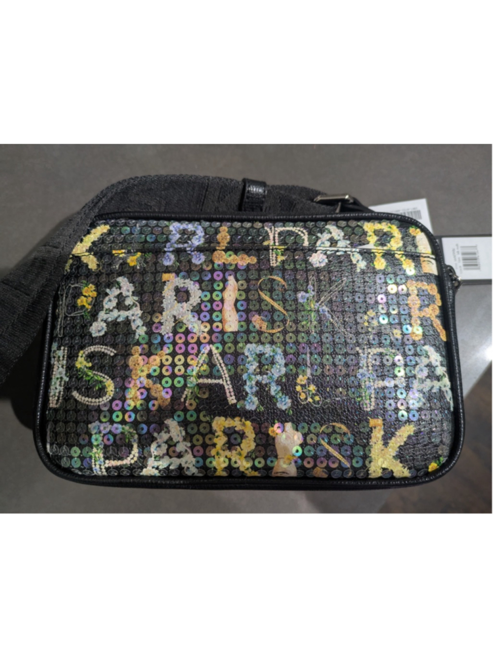 Karl Lagerfeld Paris Sequin Crossbody Bag Camera Purse Black Floral Logo New Tag